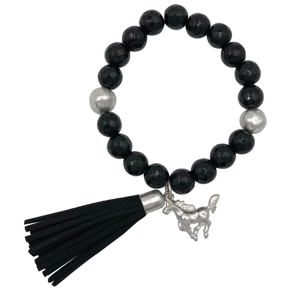 Horse Charm Black Onyx Beaded Tassel Stretch Bracelet